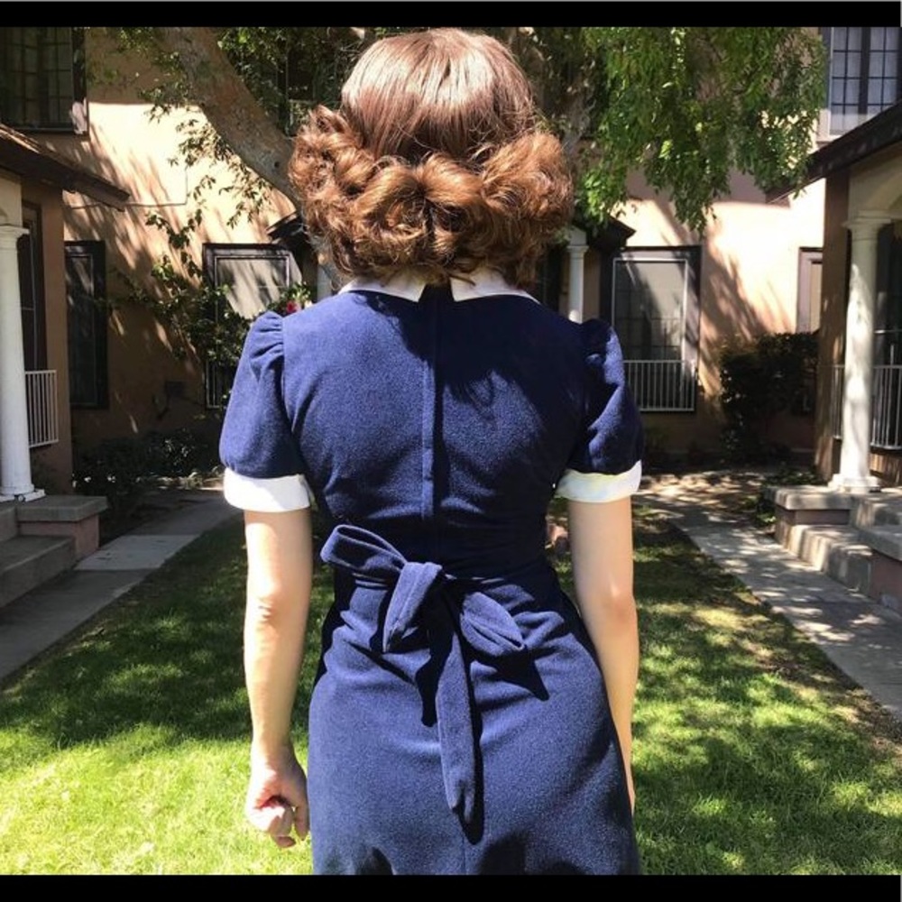 Vintage 1970s does 1930s Navy Fleece Dress XS - Picture 5 of 7